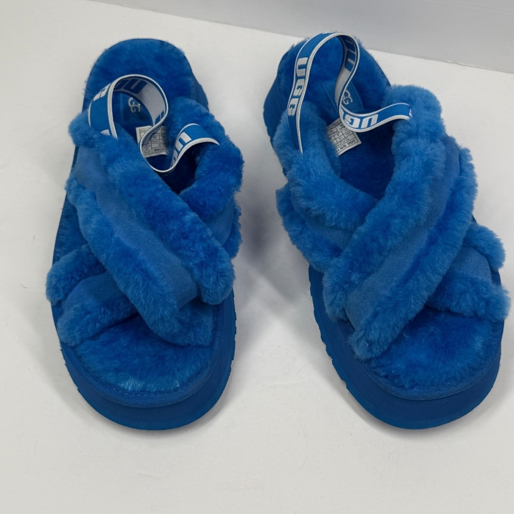 UGG Disco Cross Slide Platform Sheepskin Blue Casual Comfort Slipper Size 11 - Picture 4 of 6